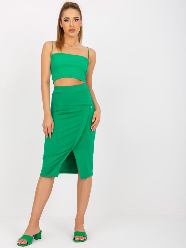 Green pencil skirt midi basic with slit