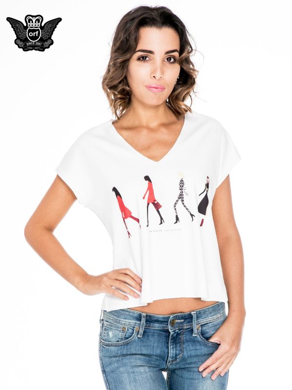 Ecru short t-shirt with silhouette print of women