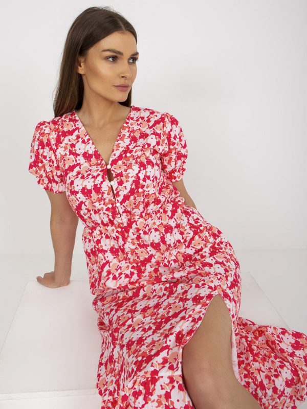 White and Coral Floral Short Sleeve Dress