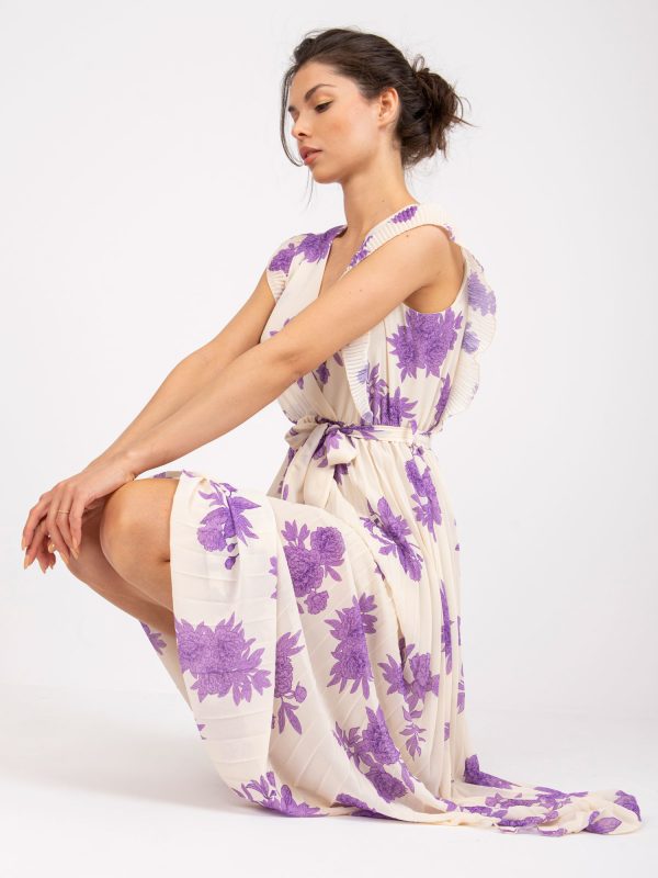 Beige and purple pleated dress with floral pattern