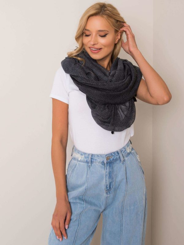 Black patterned scarf with fringes