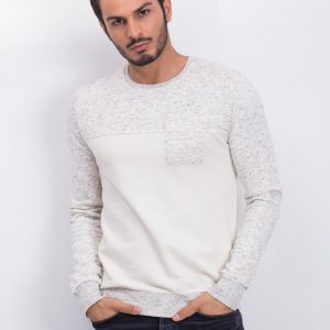 Ecru-grey cotton sweatshirt for men with pocket