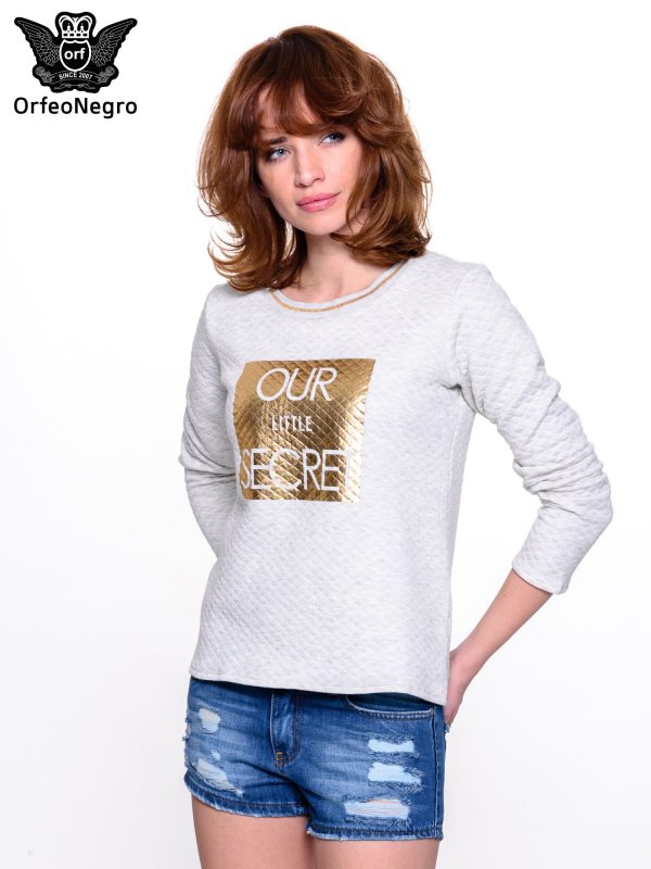 Grey quilted glamour sweatshirt with gold print and hem