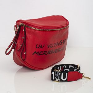 Red handbag with inscription