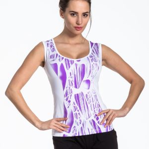 White sports top with purple print