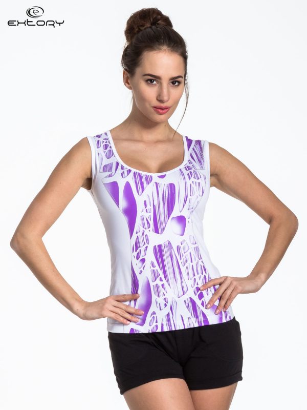 White sports top with purple print