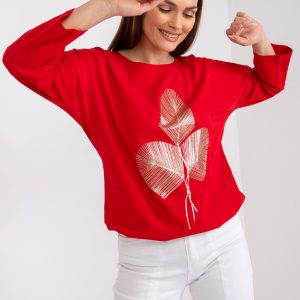 Red cotton blouse with round neck Claudia