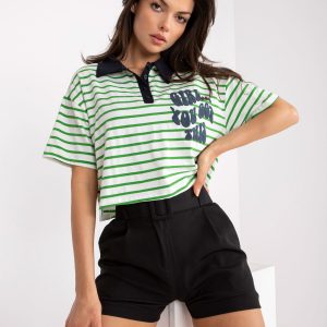 White and Green Short Women's Striped Polo Shirt