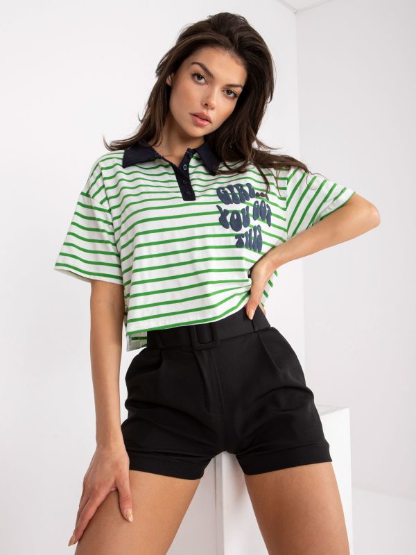 White and Green Short Women's Striped Polo Shirt