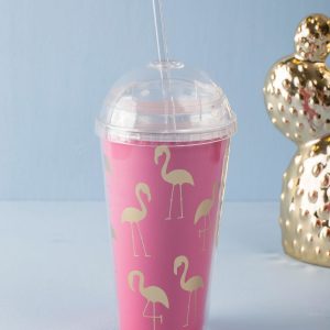 Pink mug with lid and straw