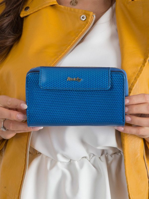 Blue leather wallet with shimtering pattern