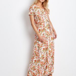 Ecru-Coral Flowered Dress