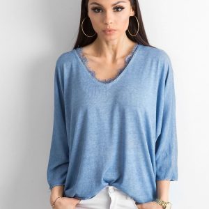 Blue Loose V-Neck Blouse