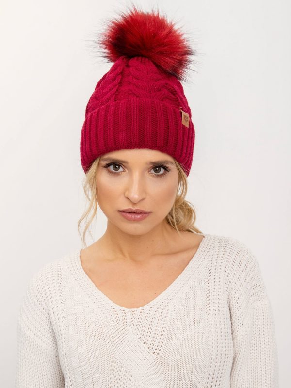 Burgundy padded women's hat with pompom