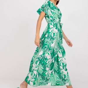 White and green wrap dress with prints and binding