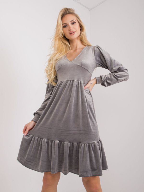 Grey velour dress with ruffle Modena