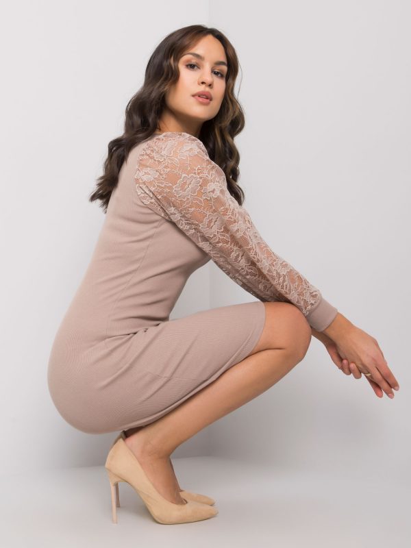 Dark beige fitted dress with decorative sleeves Kayley RUE PARIS