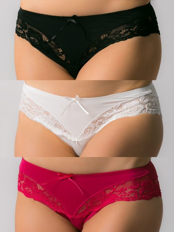 Women's panties with lace, 3 pcs: raspberry, cream, black