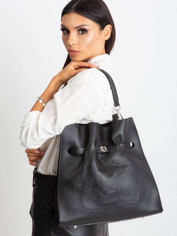 Black Leather Bag with Drawstring