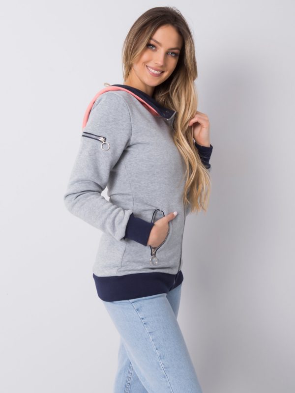 Light gray long sweatshirt with asymmetrical zipper hood