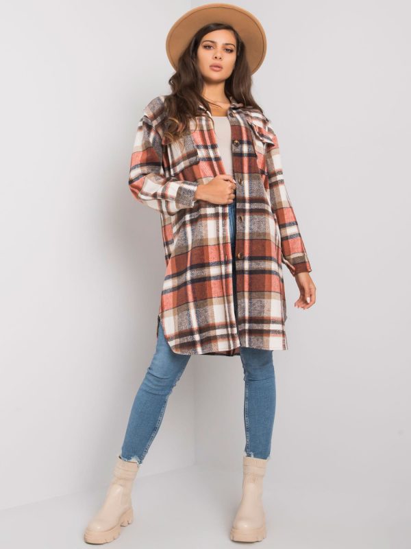 Orange-beige long checked shirt Roze