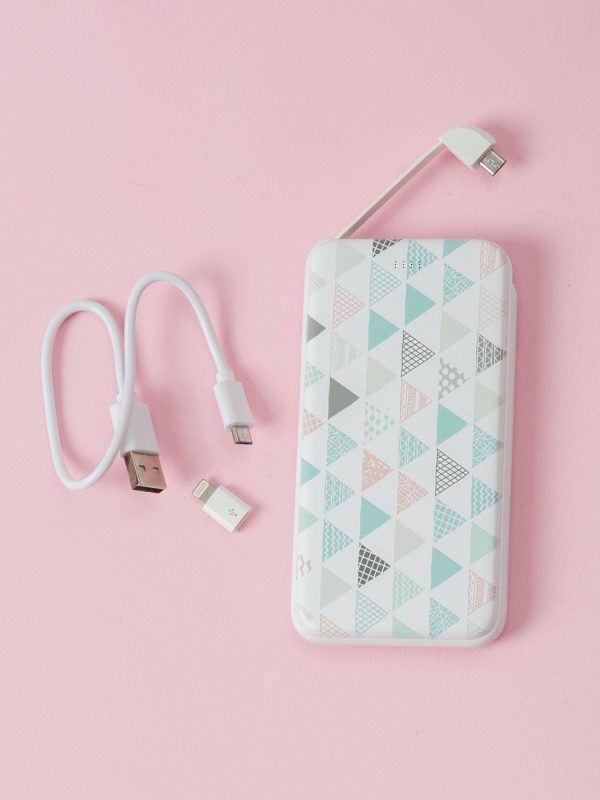 White powerbank 10000 mAh with geometric designs