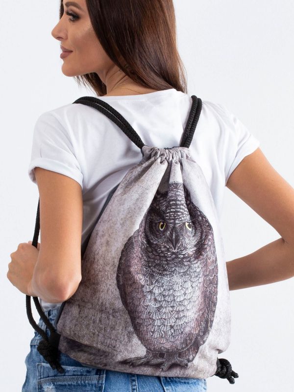 Grey backpack bag with owl