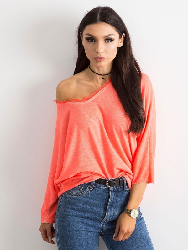 Fluo peach blouse with lace at the neckline