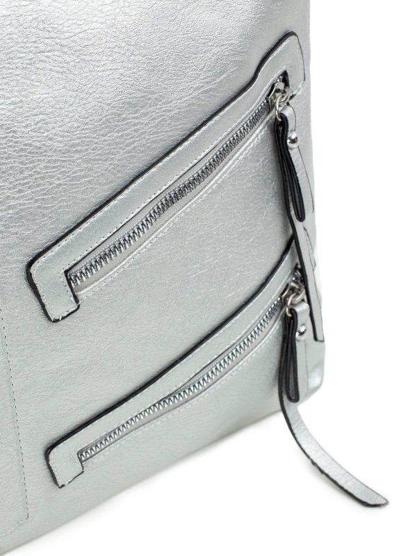 Silver eco-leather handbag with pockets