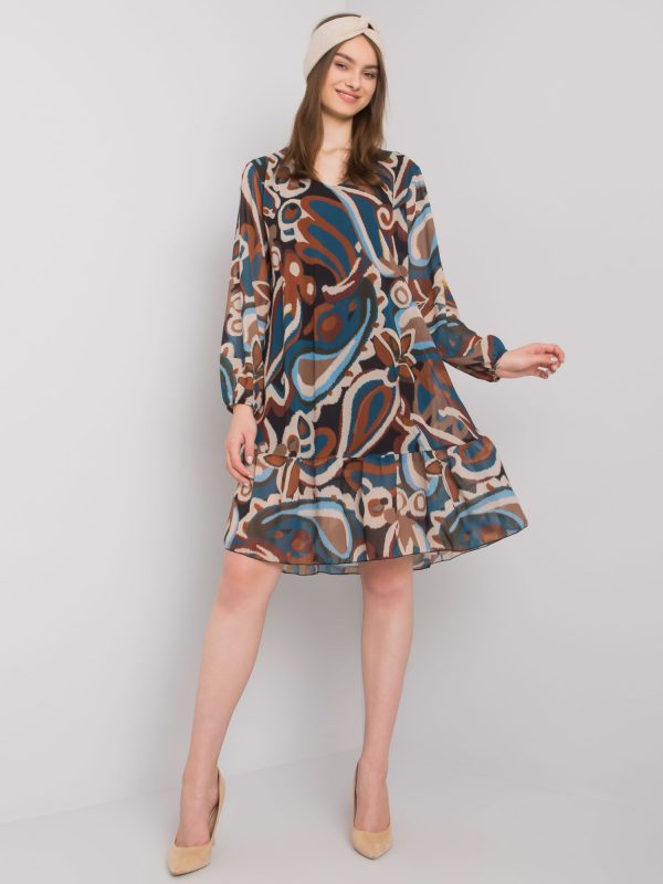 Blue and brown dress with ruffle Spoleto