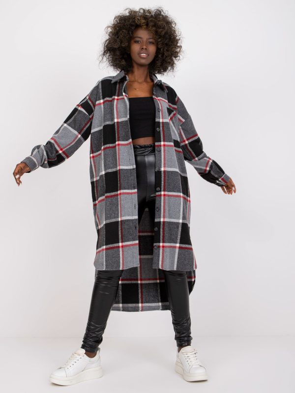 Grey asymmetrical long shirt women's plaid