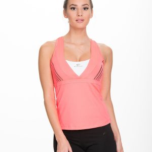 Fluocoral sports top with crisscrossed shoulder straps on the back