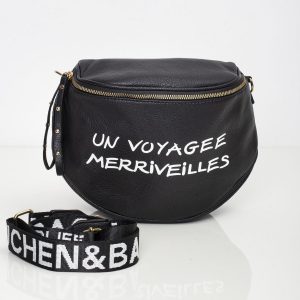 Black handbag with inscription