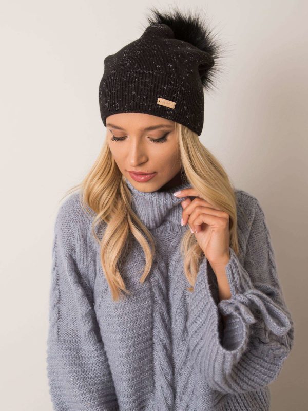 Women's black hat with pompom RUE PARIS