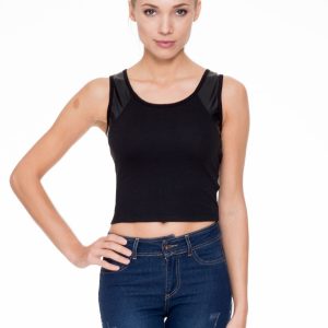 Black crop top with leather inserts and back zipper