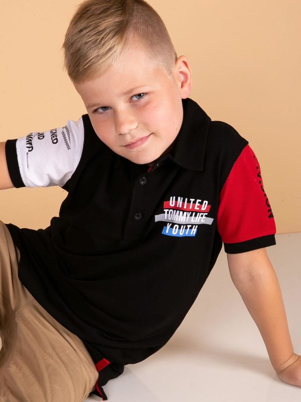 TOMMY LIFE Black Cotton Polo Shirt for Boy