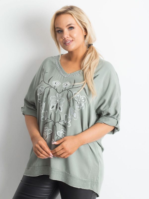 Khaki blouse with print and applique PLUS SIZE