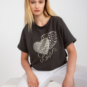 Khaki cotton t-shirt plus size with rhinestones applique