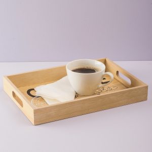 Beige wooden tray with inscription