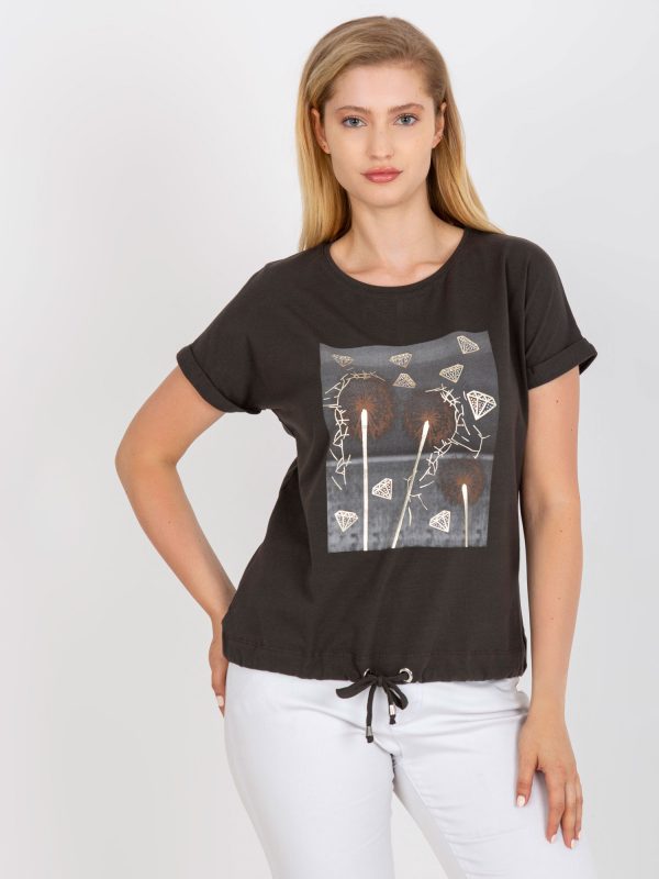 Khaki Cotton Plus Size T-Shirt with Print