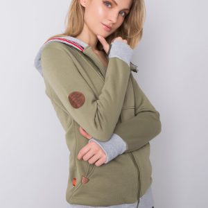 Khaki long sweatshirt with buttons on the hood