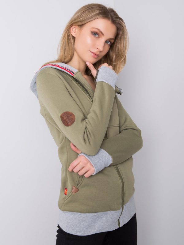 Khaki long sweatshirt with buttons on the hood