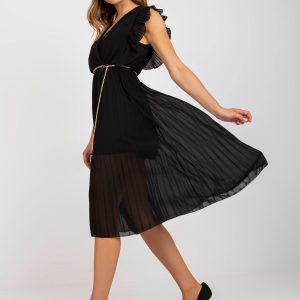 Black Pleated Midi Dress with Wrap Neckline