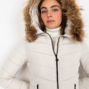 Wholesale White quilted transition jacket with fur on hood