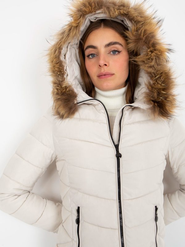 Wholesale White quilted transition jacket with fur on hood