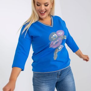 Wholesale Dark blue plus size blouse with appliqué and print