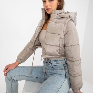 Wholesale Dark beige short winter jacket with detachable sleeves