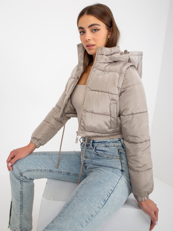 Wholesale Dark beige short winter jacket with detachable sleeves