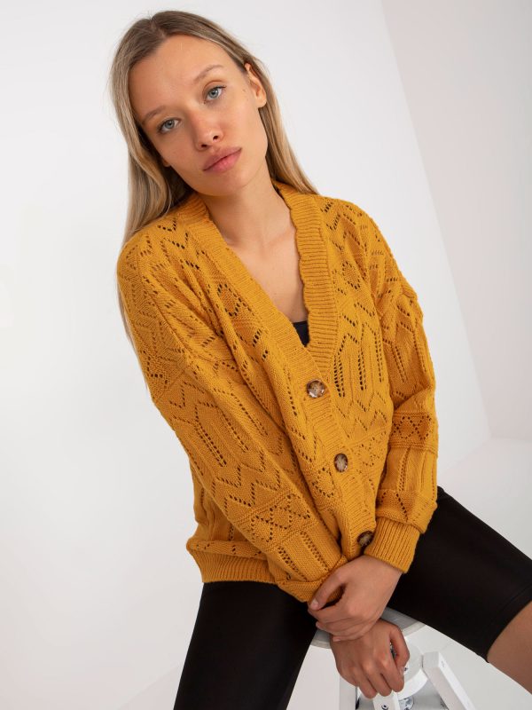 Wholesale Dark yellow openwork summer sweater with buttons RUE PARIS