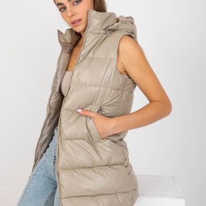 Wholesale Dark beige lacquered down vest with hood